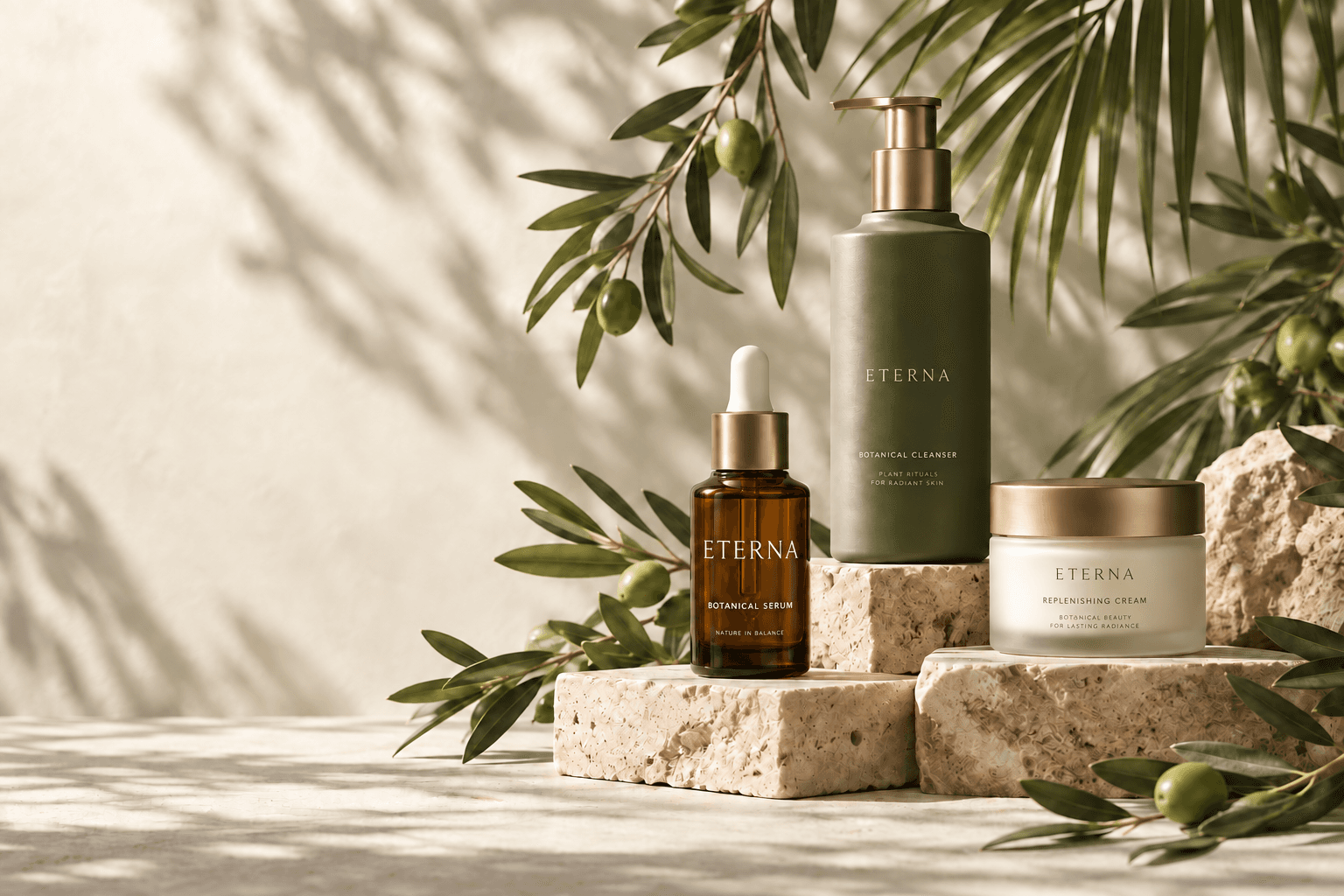 Eterna botanical skincare with olive branches and warm stone